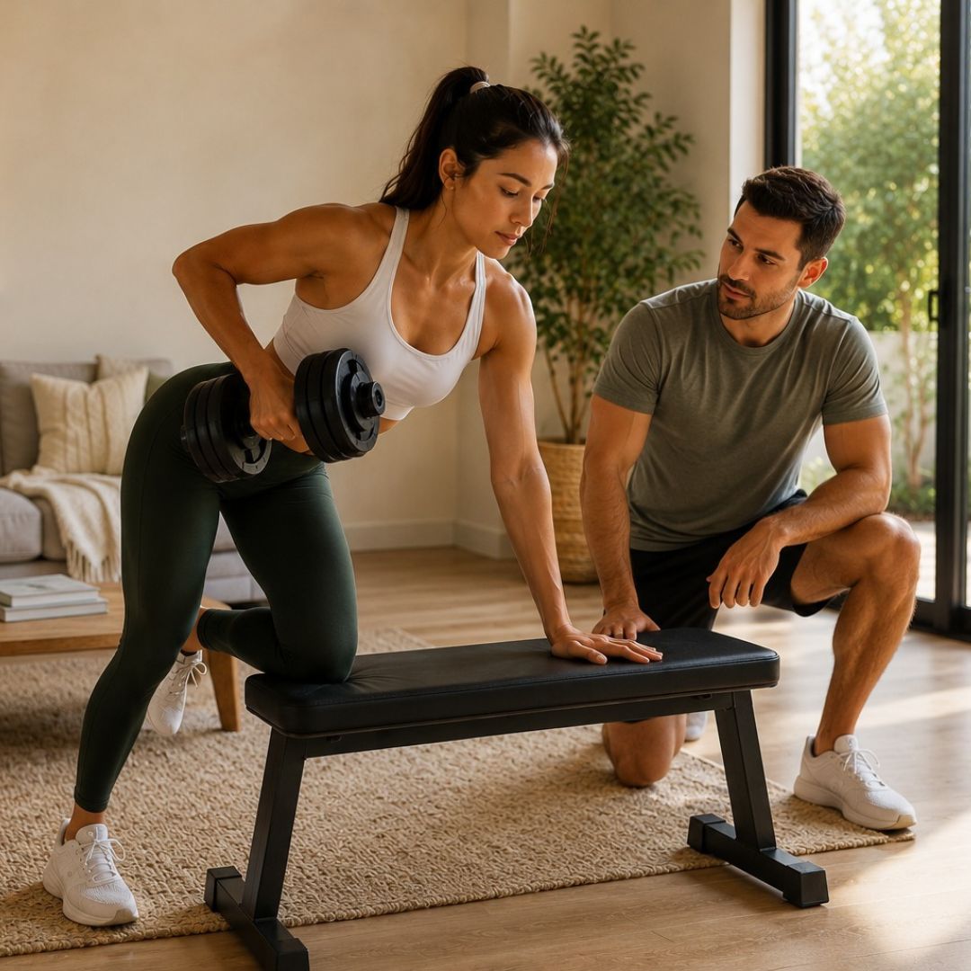 Woman exercising with a dumbbell while a man watches in a home setting