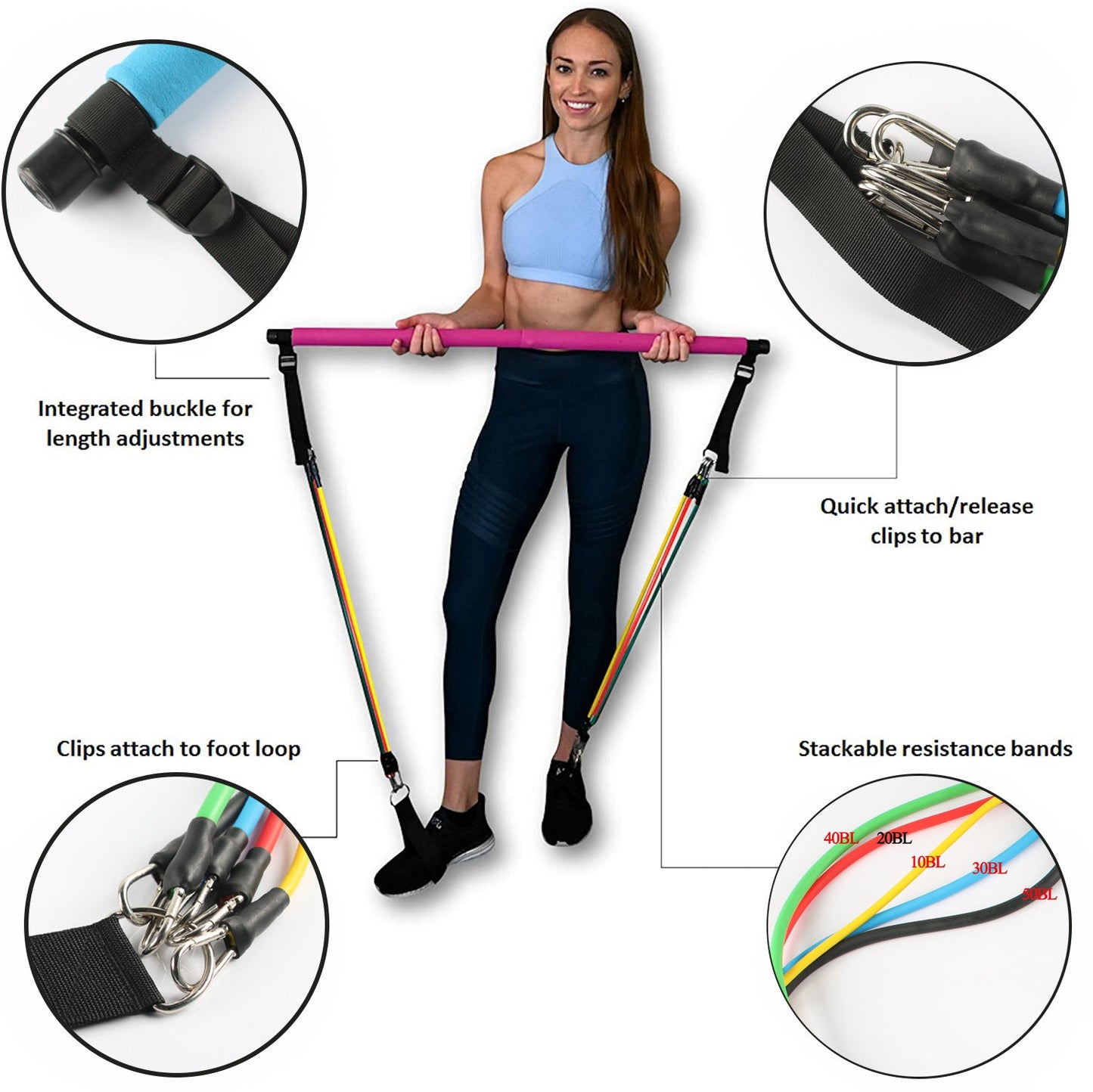 Portable Yoga Pilates Bar with Resistance Bands Fitness Trainer