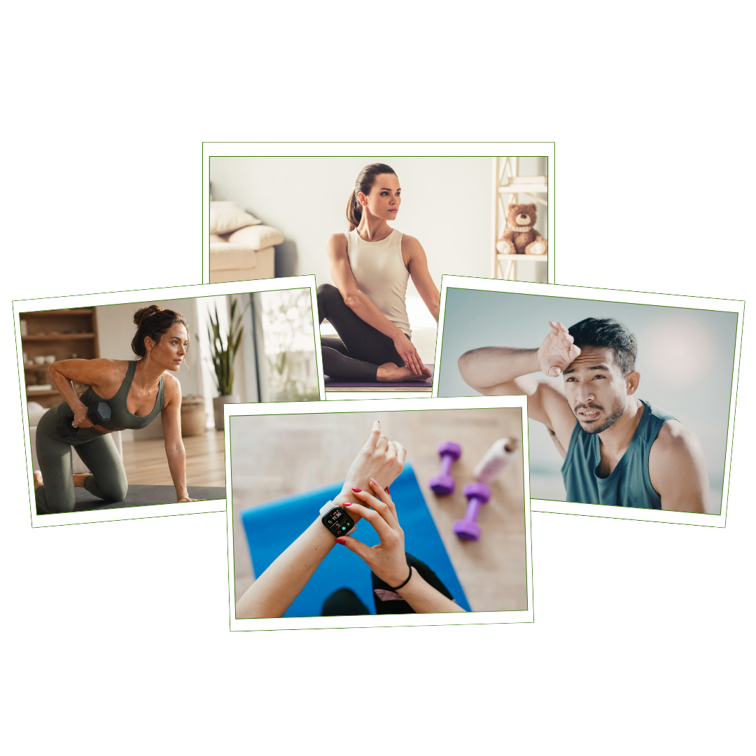 Collage of people exercising at home with various poses and equipment.