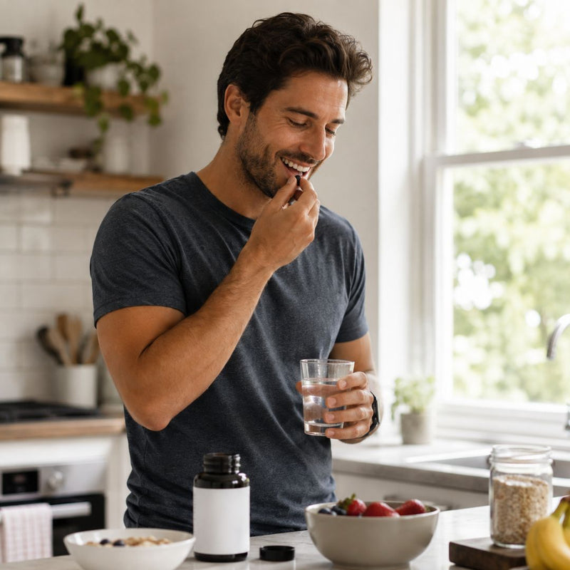 Man in a kitchen holding a glass of water, with a bowl of fruit and supplement bottle on the counter.