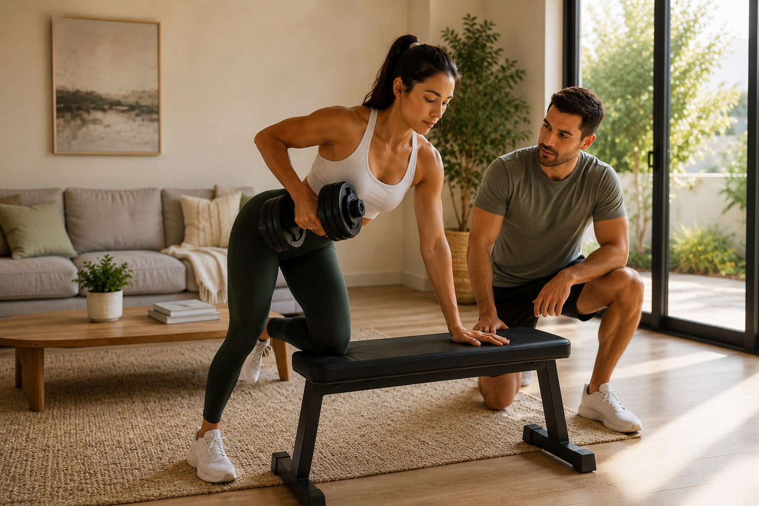Woman exercising with a man's assistance in a living room setting