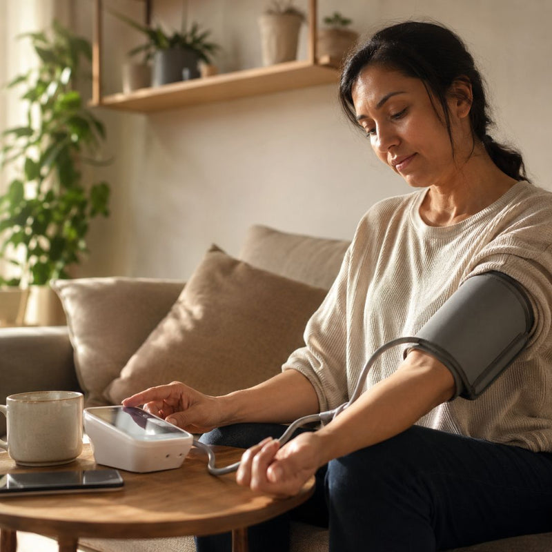 Woman taking her blood pressure at home in a cozy living room.